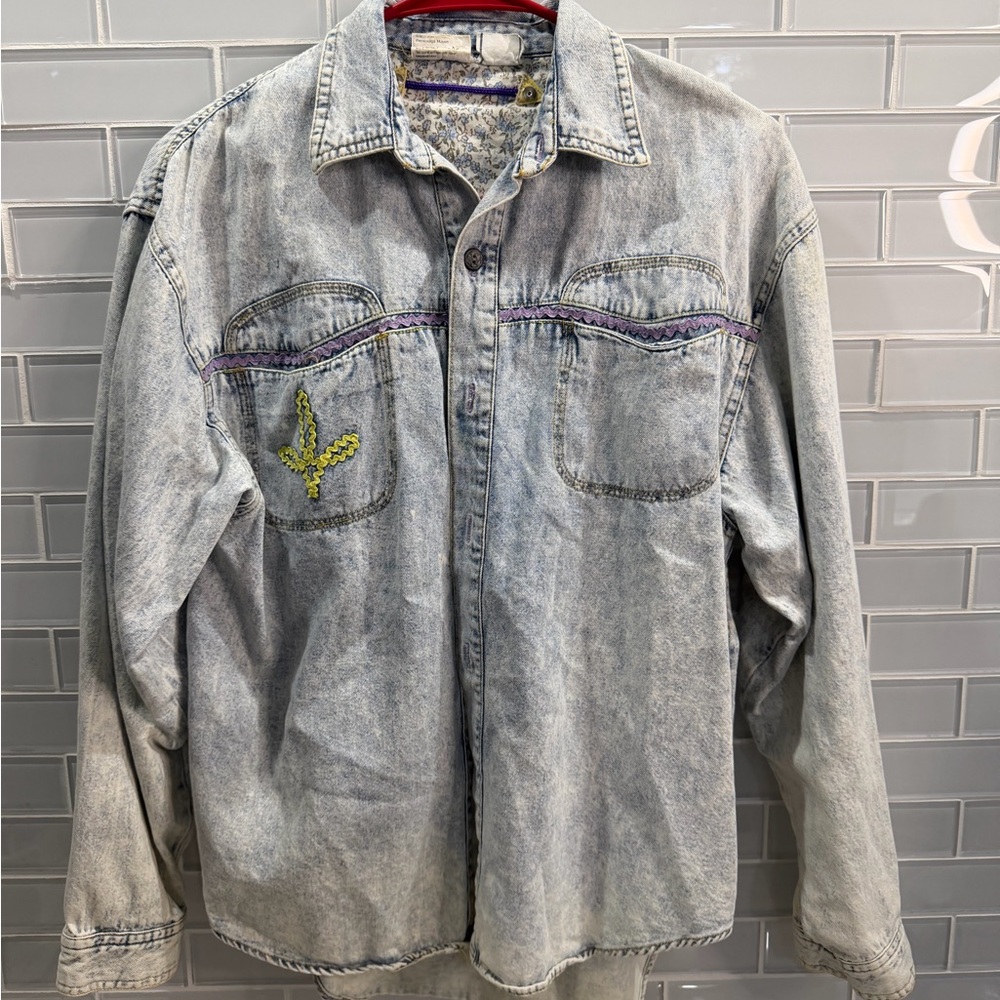 Vintage Major Damage Acid Wash Denim Shirt Jacket Size 2 Embellished Western